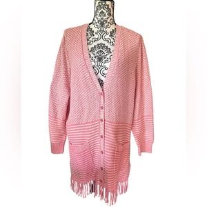 🎉Host Pick🎉 Isaac Mizrahi Live Pink Cardigan Sweater with Fringe 2X